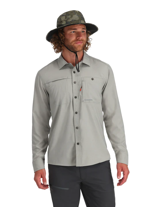 Simms lightweight Challenger LS Shirt with sun-blocking fabric, ideal for anglers.