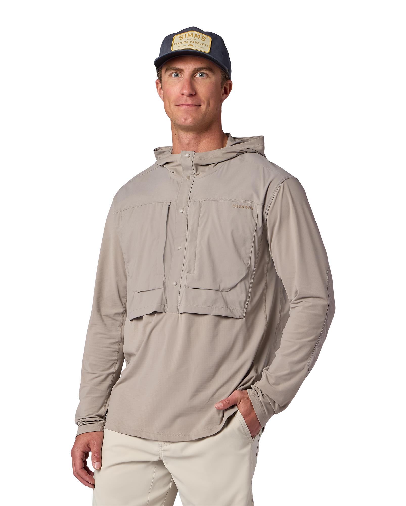 Model wearing Simms Latitude BiComp Hoody lightweight UPF 50+ fishing hoody