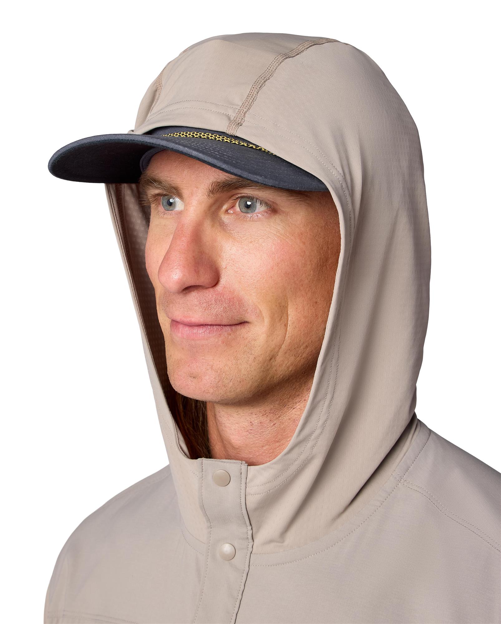 Close up of Simms Latitude BiComp Hoody hood and snap front closure