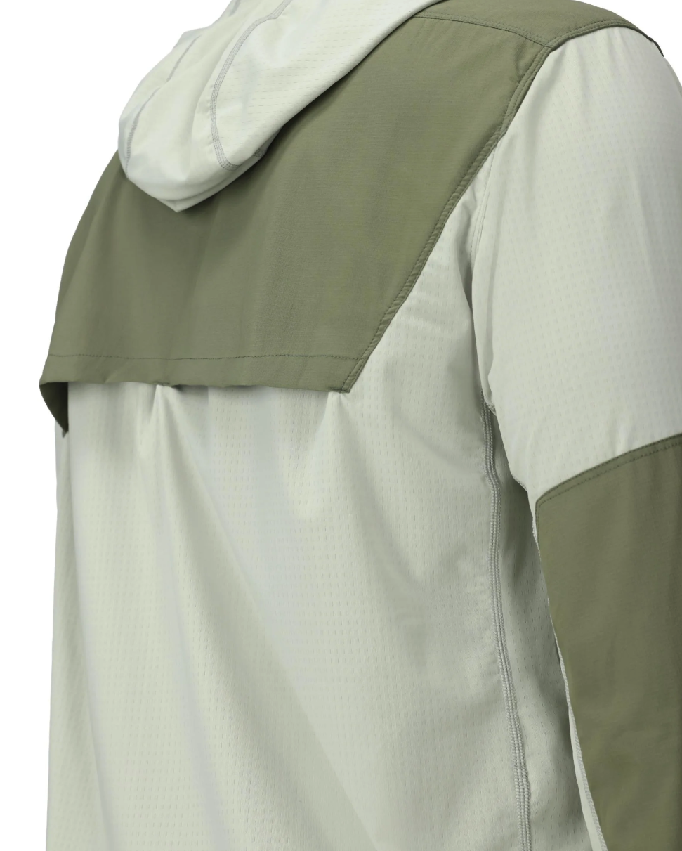 Rear back panel on model wearing Simms Latitude BiComp Hoody