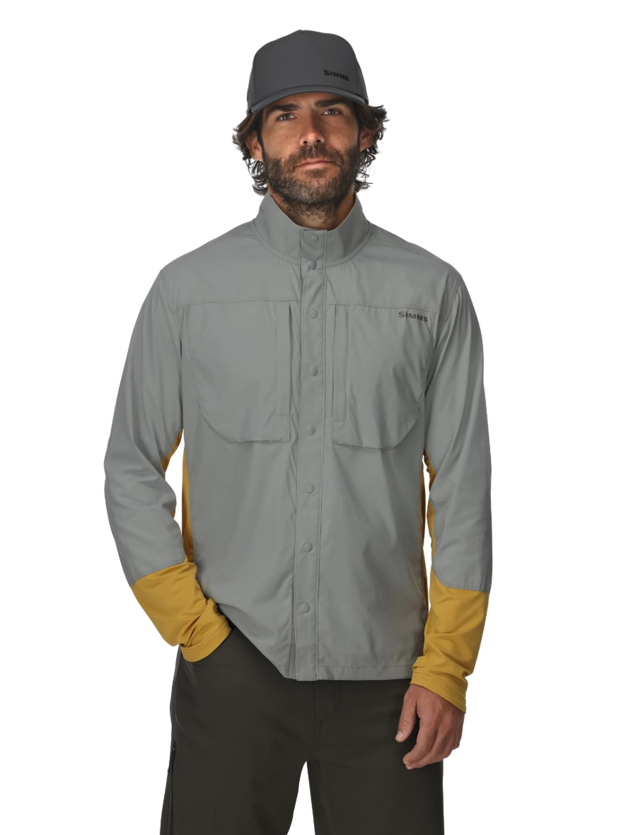 Model wearing Simms Latitude BiComp Shirt