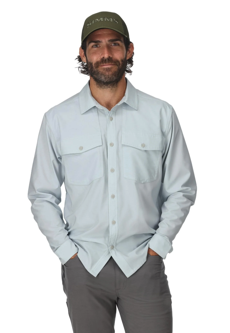 Model wearing Simms No-See-Um Bugstopper LS Shirt.