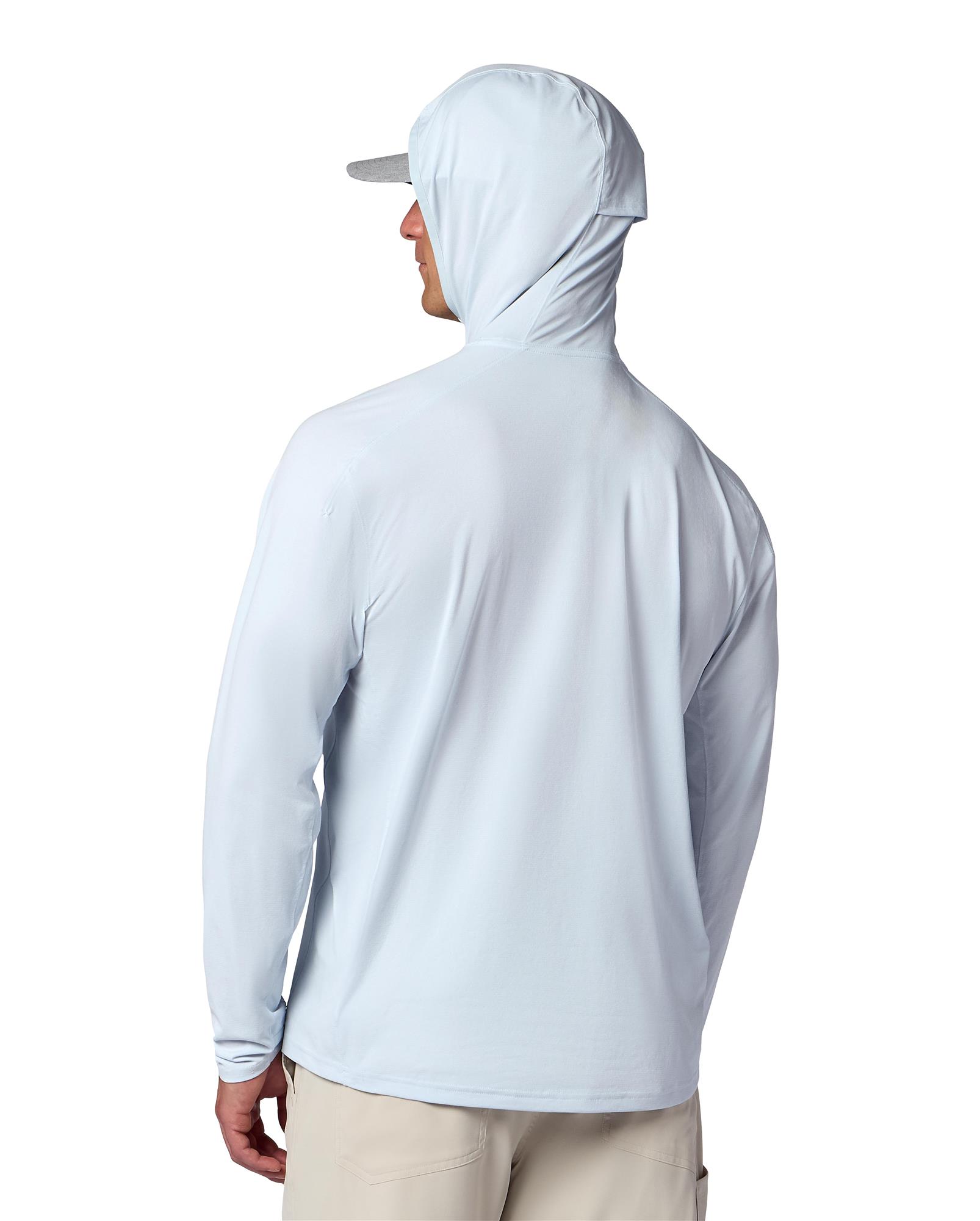 Model wearing Simms SolarFlex Hoody UPF 50+ fishing sun shirt – back view hood up