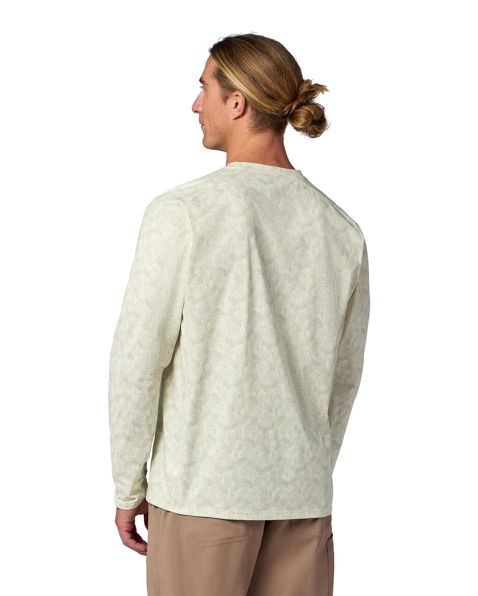 Model wearing Simms Solarflex Crewneck UPF 50+ fishing sun shirt – back view