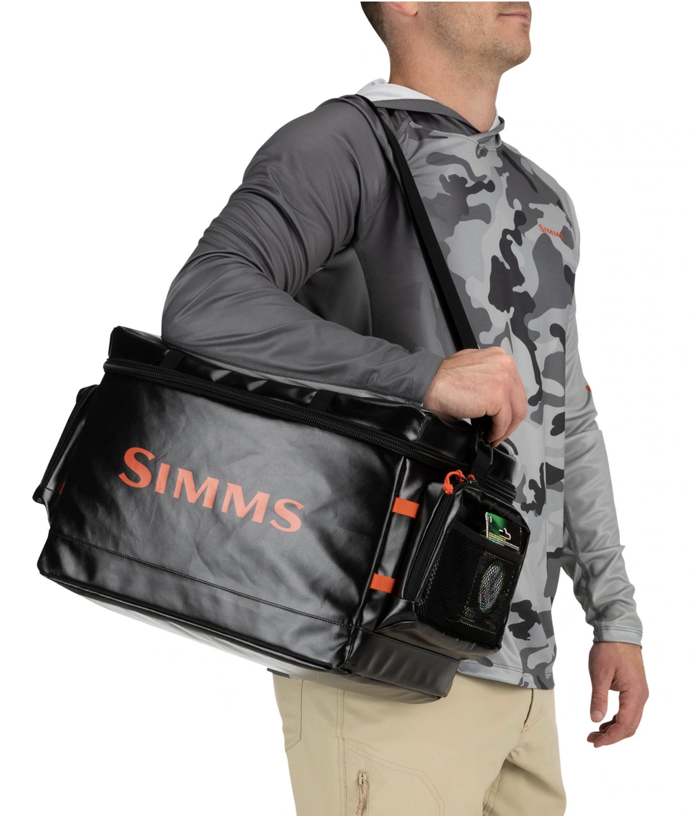 Simms Stash Bag fits Plano 3700 boxes, highlighting flexible storage for tackle and tools.