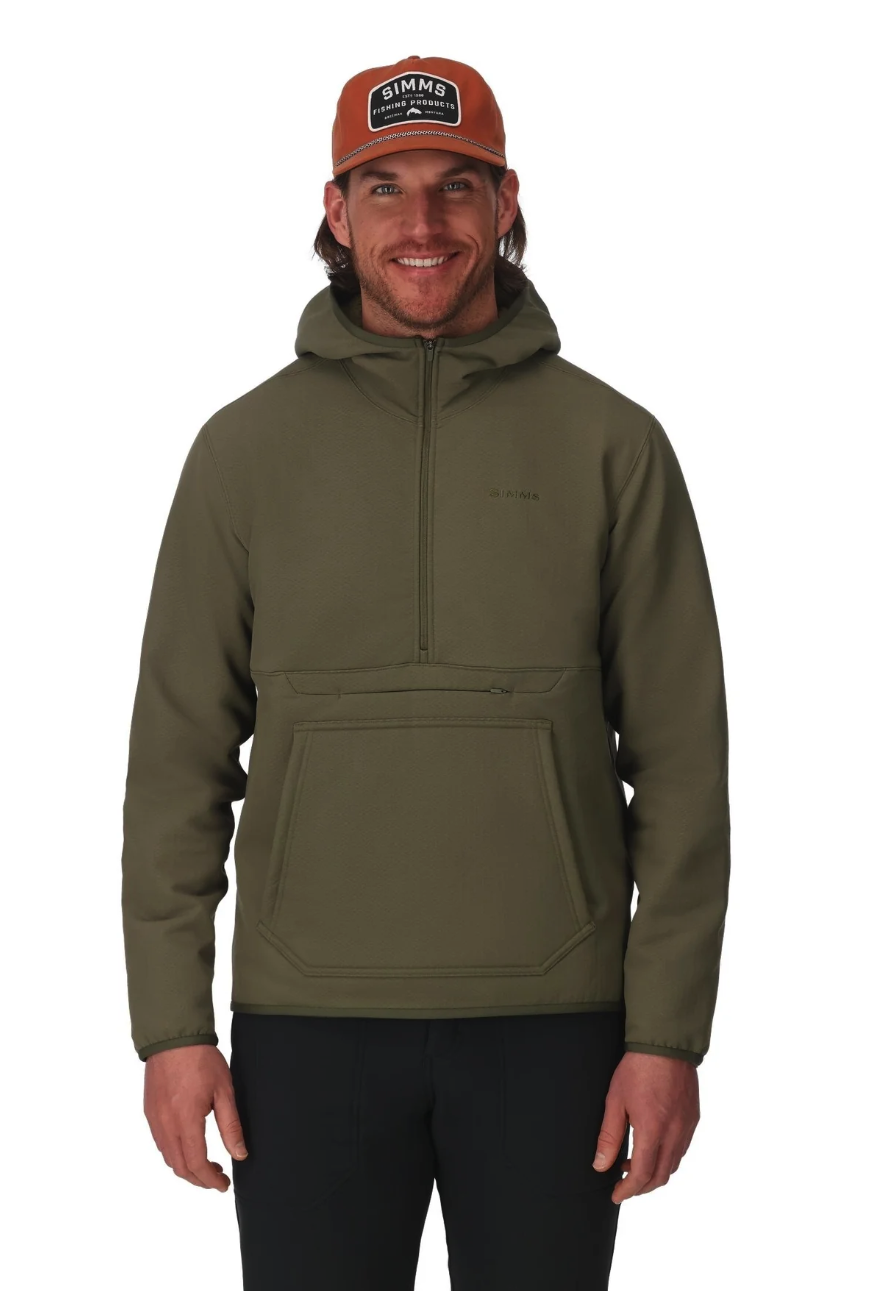 Front view of model in Simms Strata 330 Half-Zip Midlayer Hoody