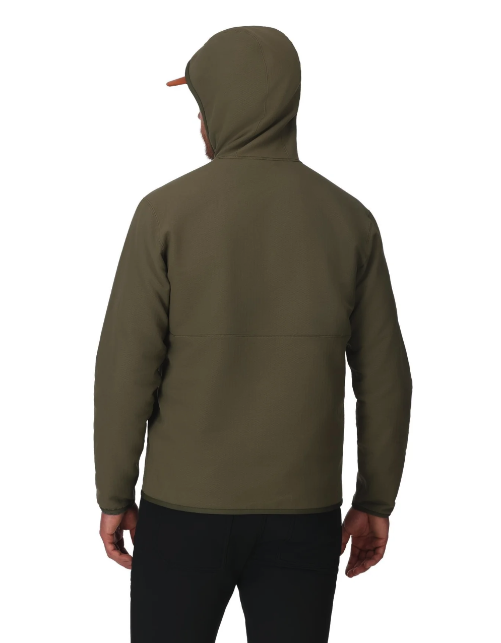 Rear view of model in Simms Strata 330 Half-Zip Midlayer Hoody