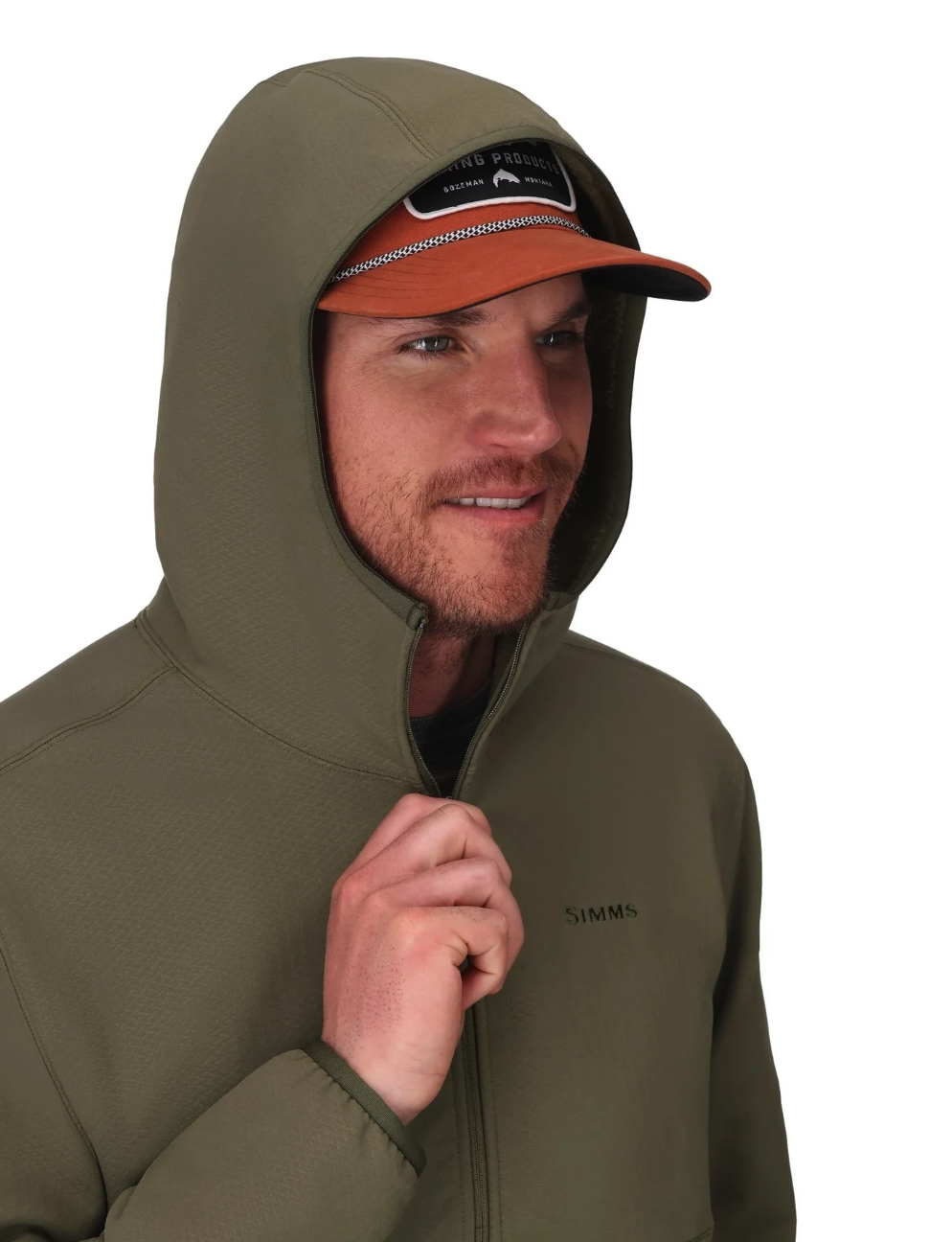 Model zipping hood of Simms Strata 330 Half-Zip Midlayer Hoody
