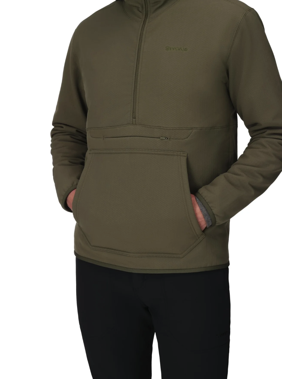 Hands in pockets of Simms Strata 330 Half-Zip Midlayer Hoody
