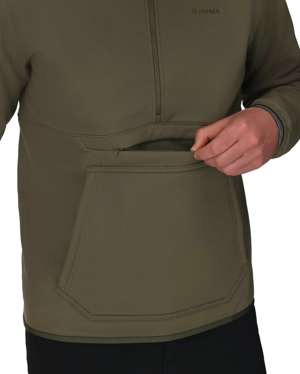 Top pouch detail of Simms Strata 330 Half-Zip Midlayer Hoody