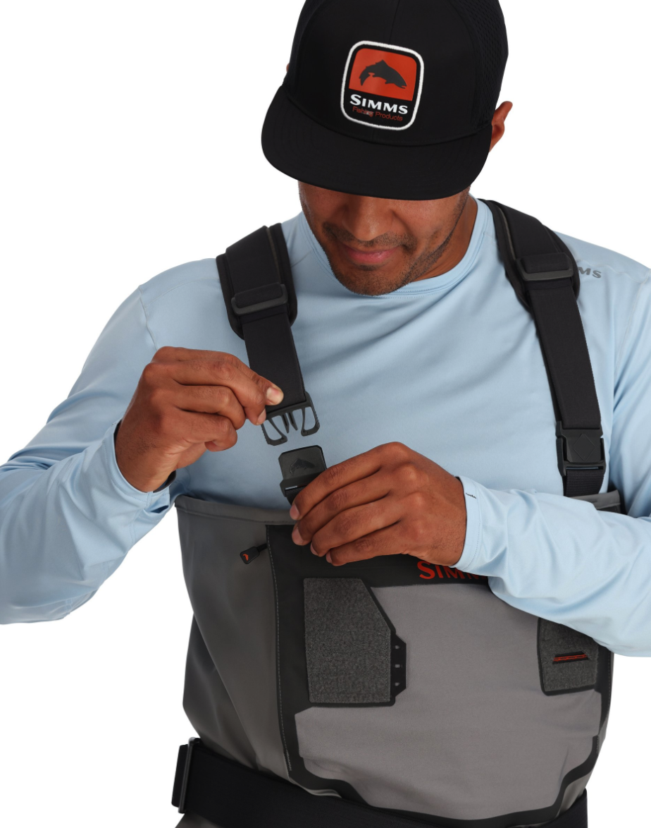 Simms fishing waders with abrasion-resistant lower and stretch upper for freedom of movement