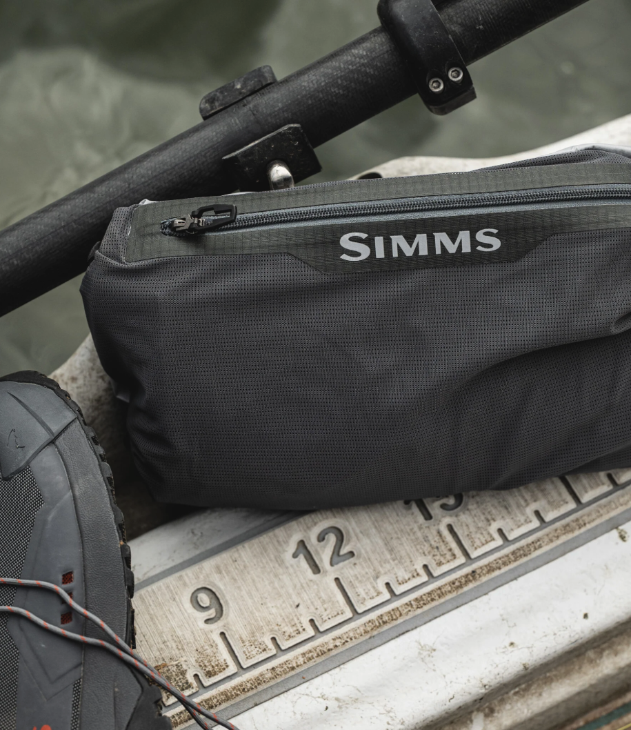 Simms Flyweight Packable Waders packed on drift boat