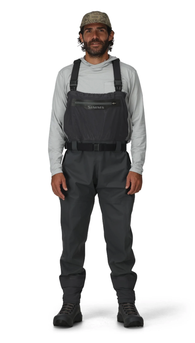 Model wearing Simms Flyweight Packable Waders