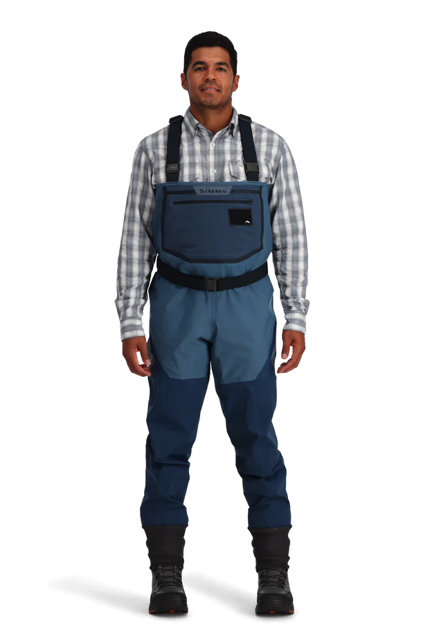 Breathable fishing waders with front and back leg seams for increased durability in Simms Freestone