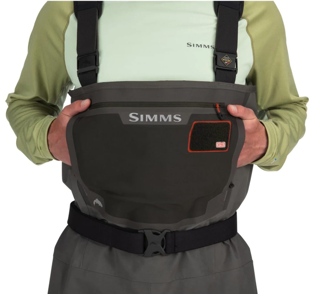 USA-made Simms G3 Stockingfoot Waders with articulated fit for enhanced mobility and durability