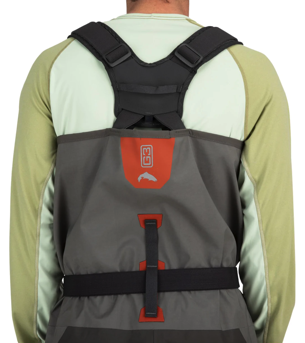 Patented front and back leg seams for increased durability in Simms G3 Stockingfoot Waders, ready to ship