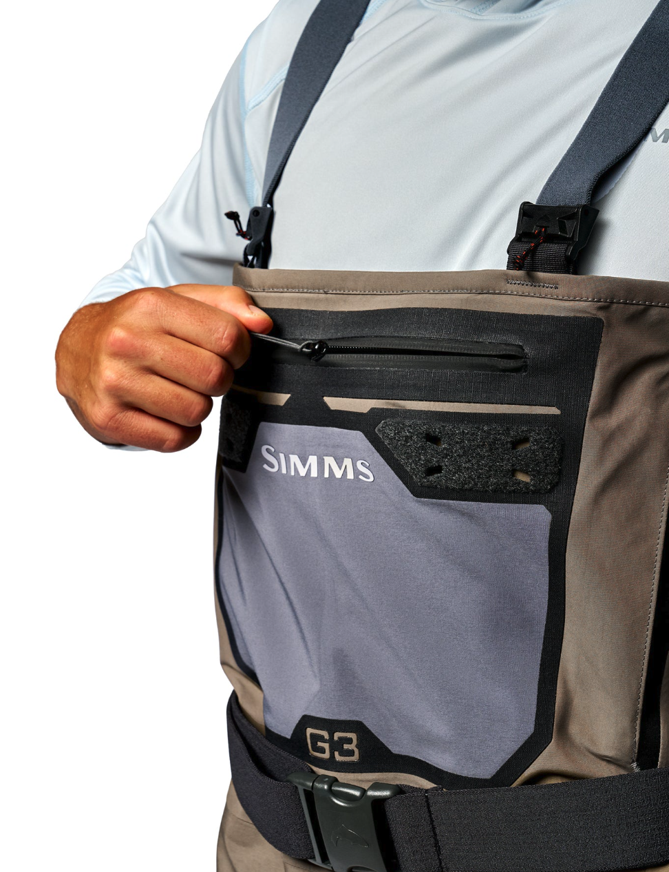 Simms G3 Pro Guide stockingfoot waders featuring a zippered chest pocket and adjustable suspenders