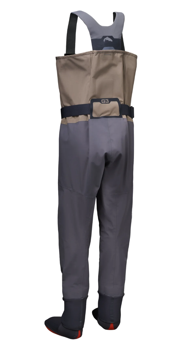 Rear view of Simms G3 Pro Guide stockingfoot waders showing reinforced legs, adjustable belt and neoprene booties