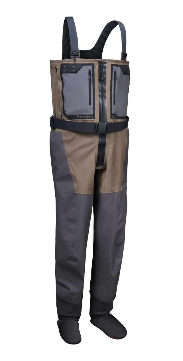 Simms G3Z Pro Guide zippered stockingfoot waders with GORE-TEX construction, front zipper and chest pockets