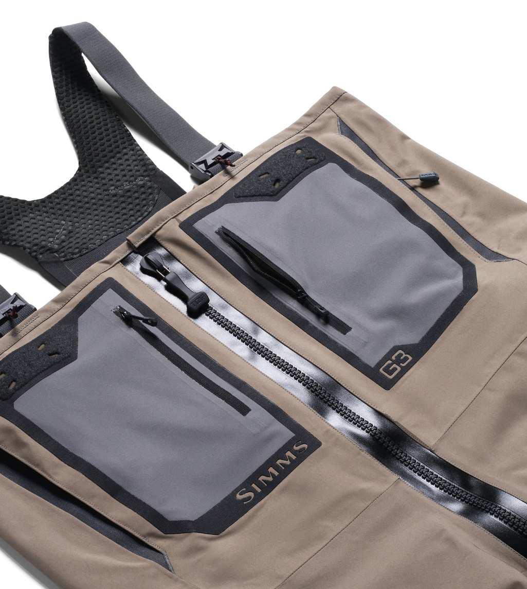 Simms G3Z Pro Guide zippered fishing waders with dual chest pockets and waterproof TIZIP front zipper