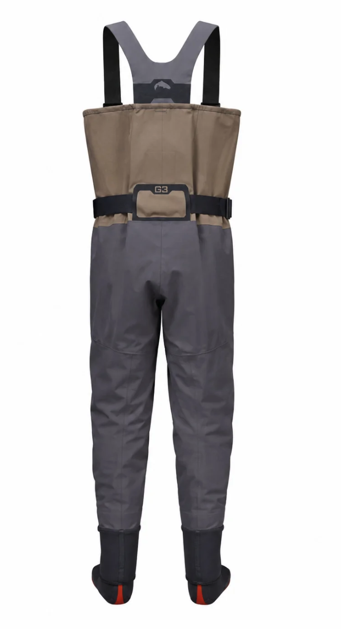 Rear view of Simms G3Z Pro Guide stockingfoot waders with reinforced legs, adjustable belt and neoprene booties