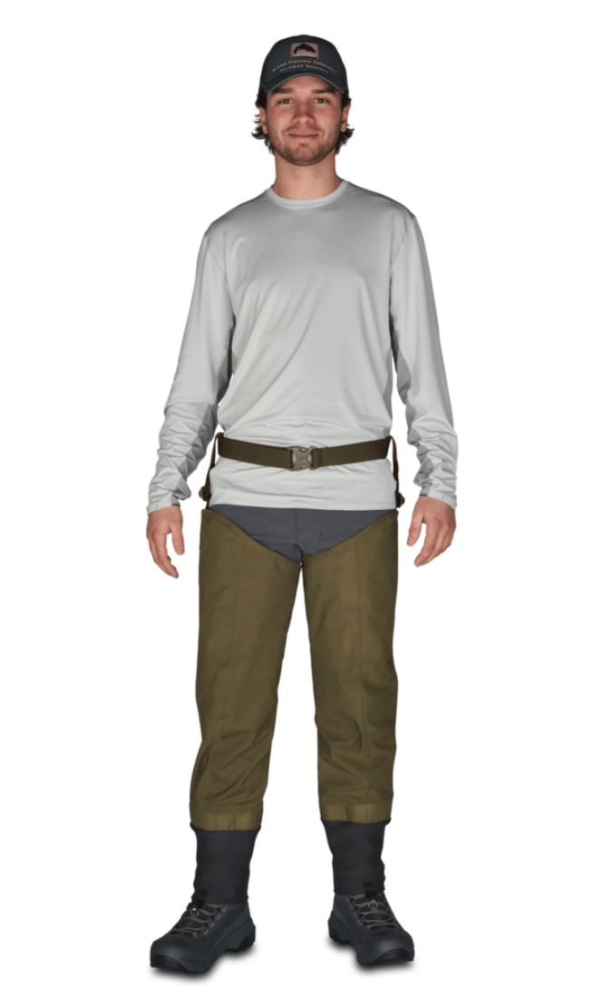 Man wearing Simms Second Wind Hip Waders