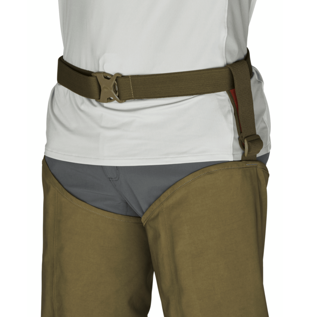 Detail of front of belt on man wearing Simms Second Wind Hip Waders