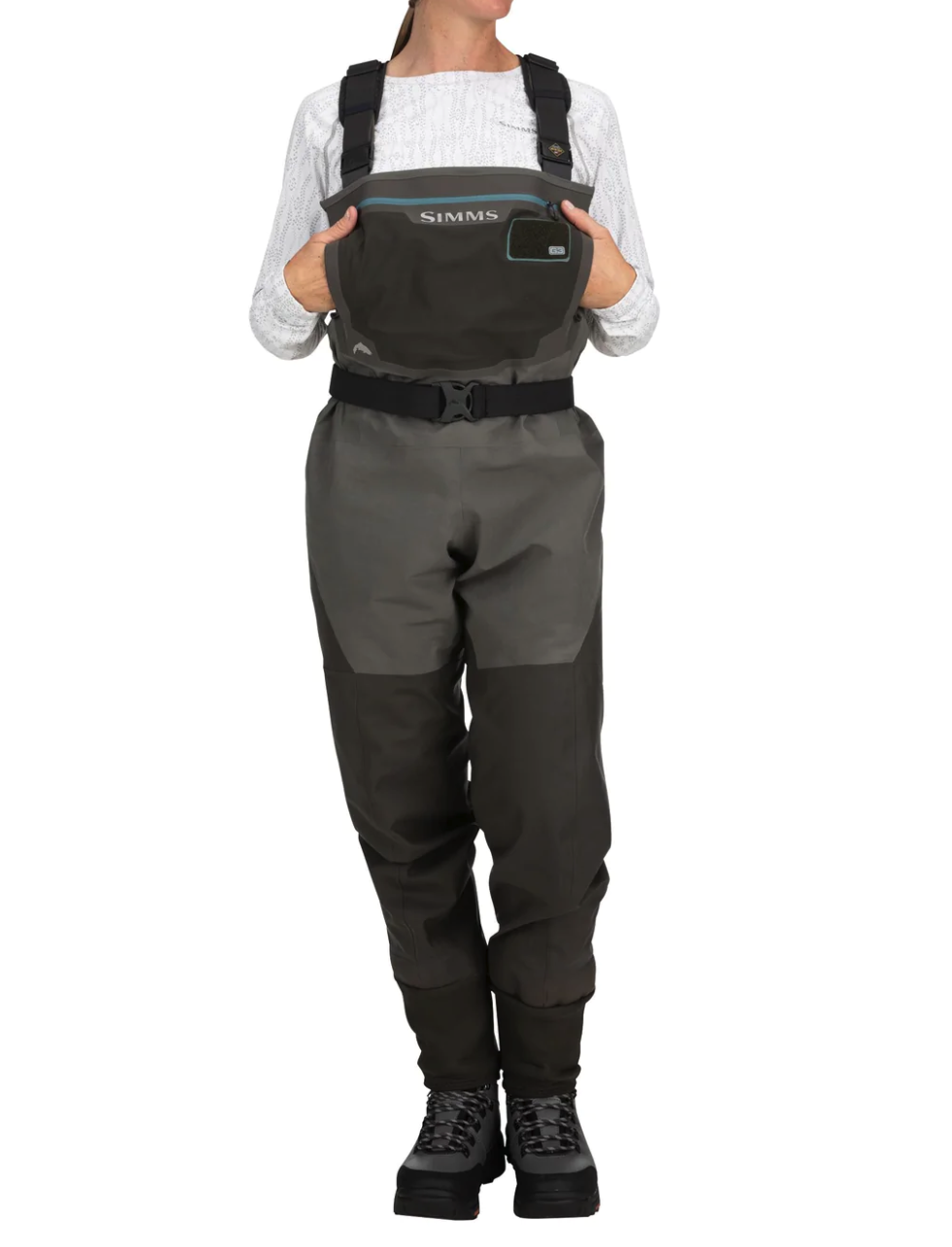 Customizable Simms Women's G3 Guide Waders with low-profile back belt loops and stretch nylon belt