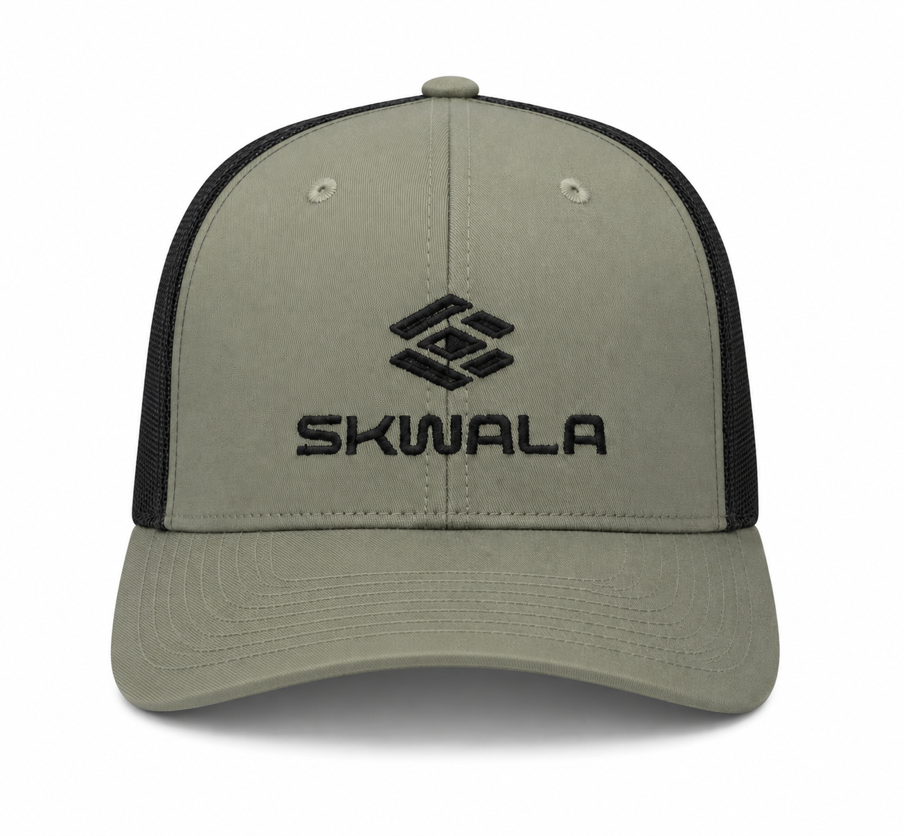 Front view of Skwala Icon Mid Trucker Hat in tent black color
