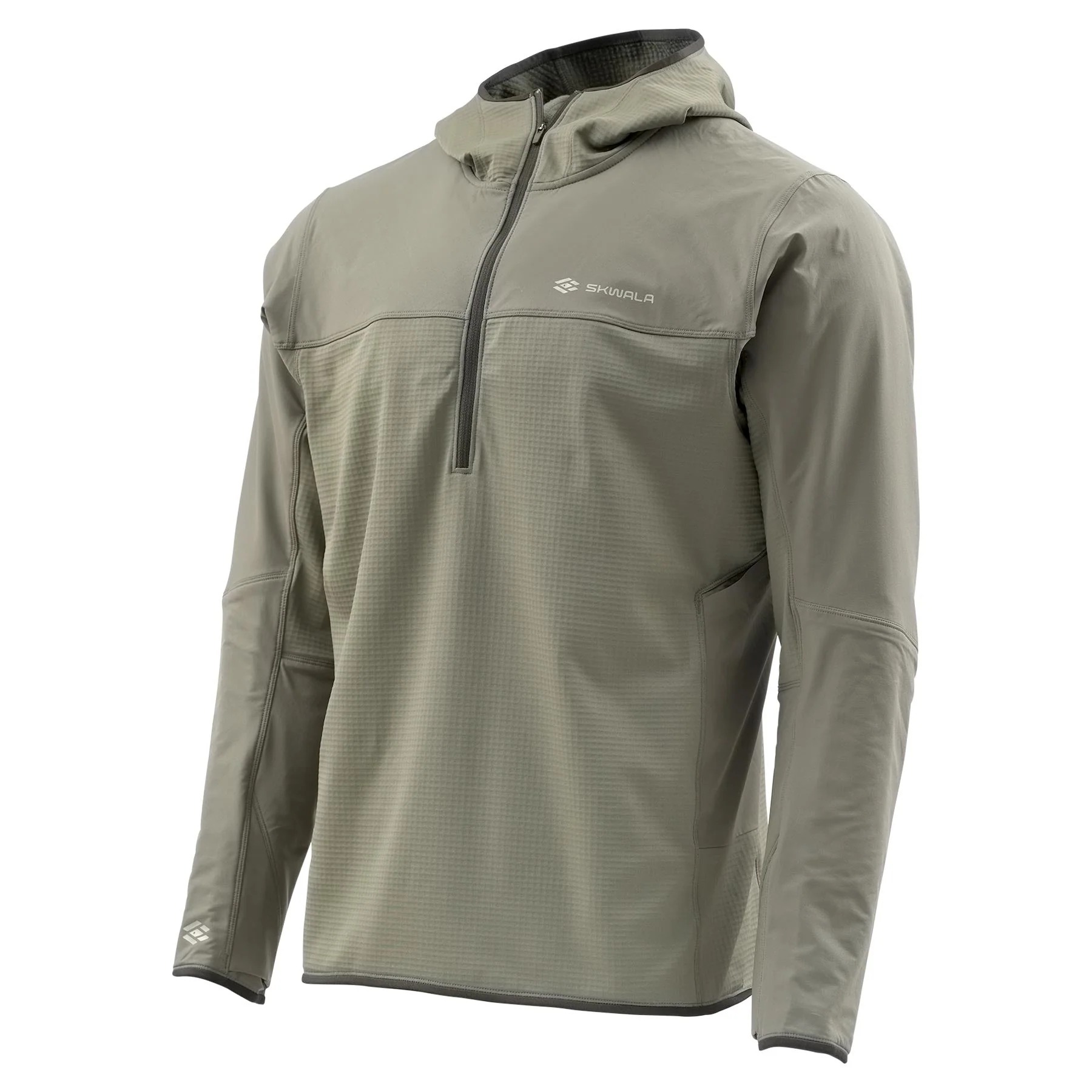 Skwala Fusion Tactical Hoody angled view showing waffle fleece body and stretch shell sleeves