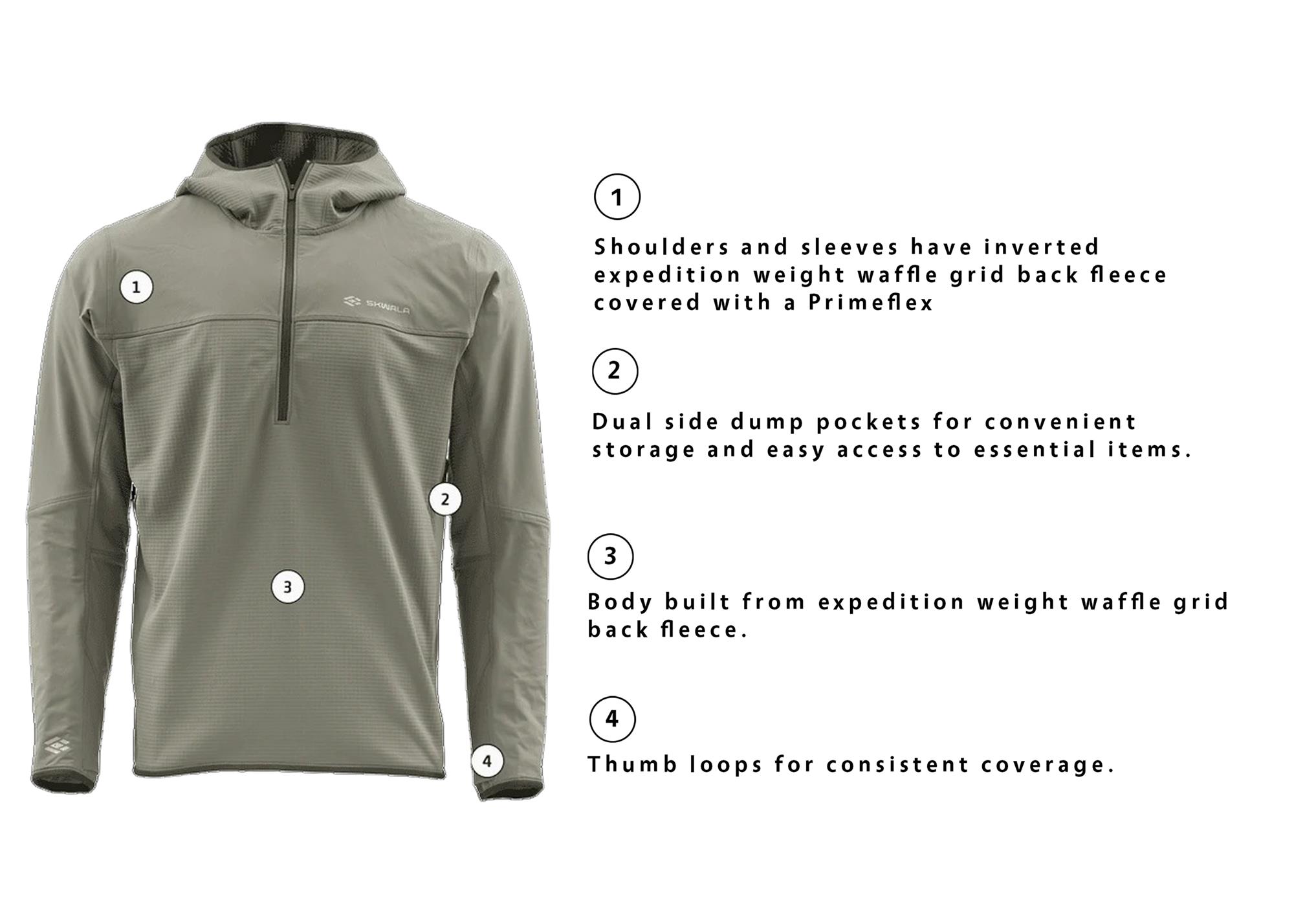 Skwala Fusion Tactical Hoody features waffle fleece body Primeflex sleeves pockets and thumb loops