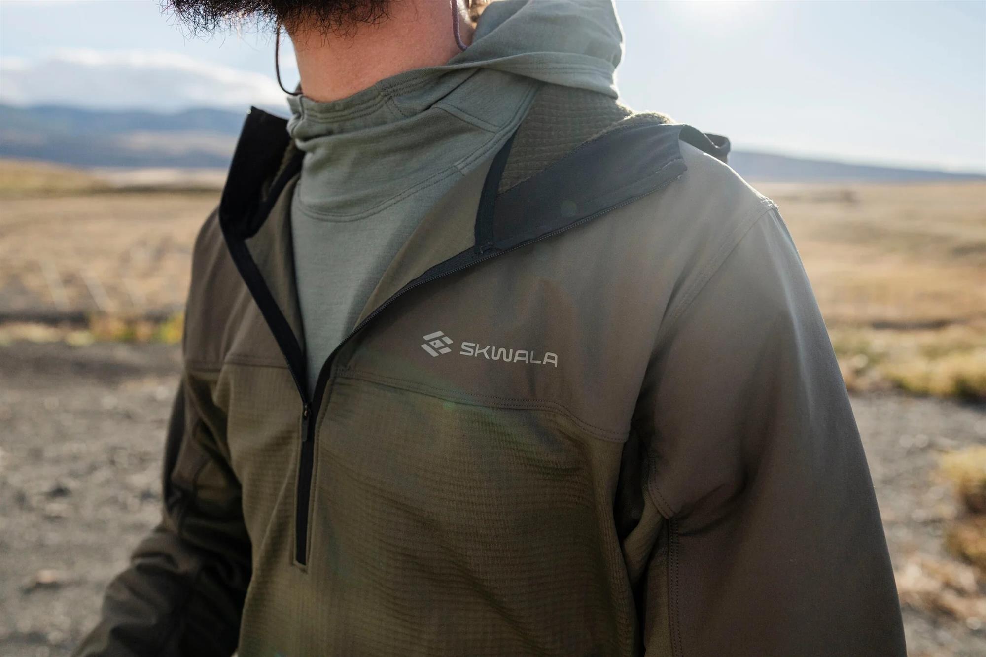 Technical waffle fleece fishing hoodie with low bulk collar designed for outdoor layering