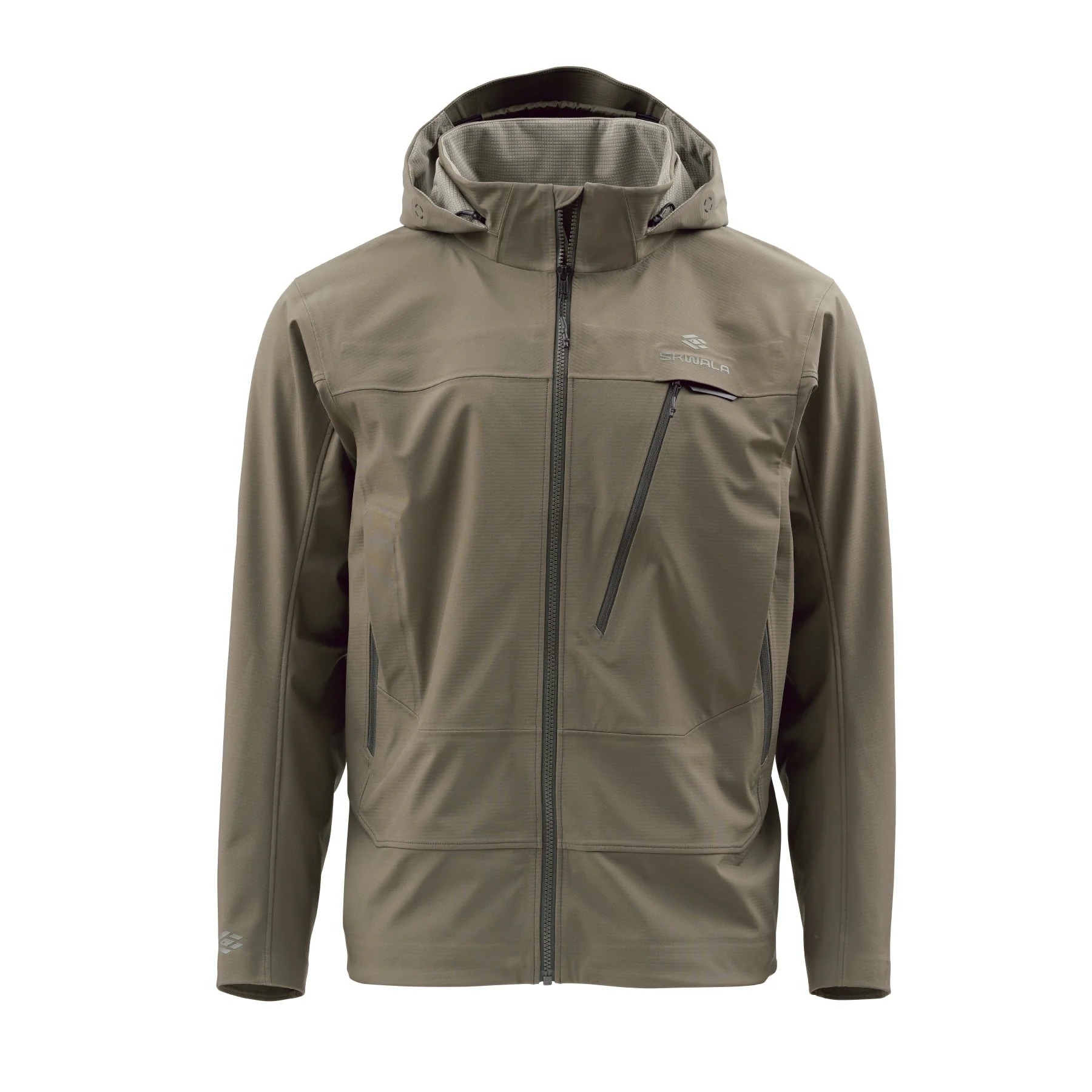 Skwala Backeddy Softshell Jacket front view, insulated DWR fishing jacket with hood and fleece lining