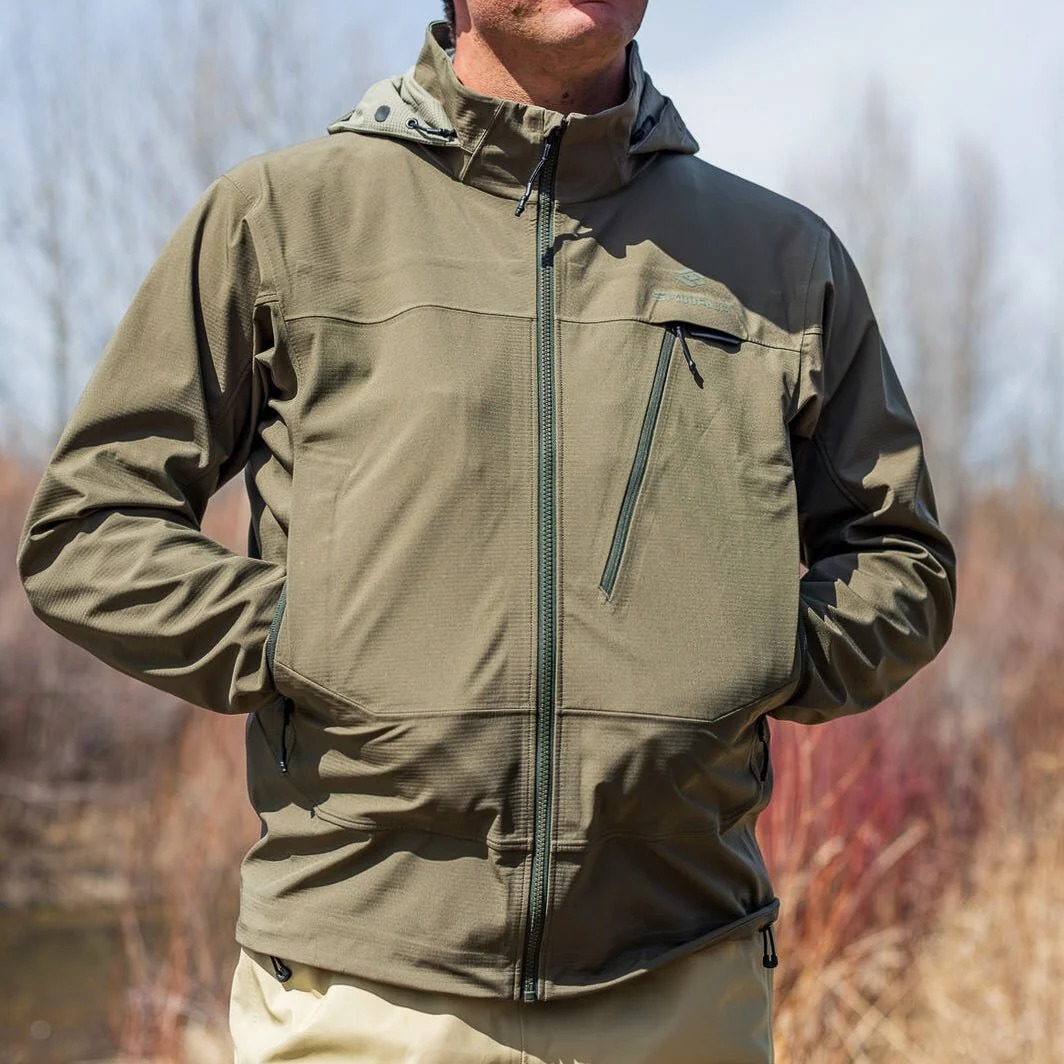 - Insulated softshell fishing jacket with zip handwarmer pockets for cold weather fly fishing