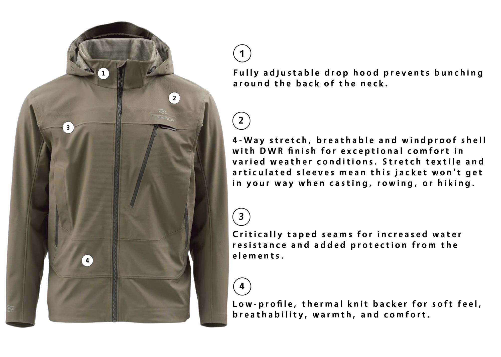 Skwala Backeddy Softshell Jacket features 4-way stretch, DWR finish, taped seams and thermal knit lining