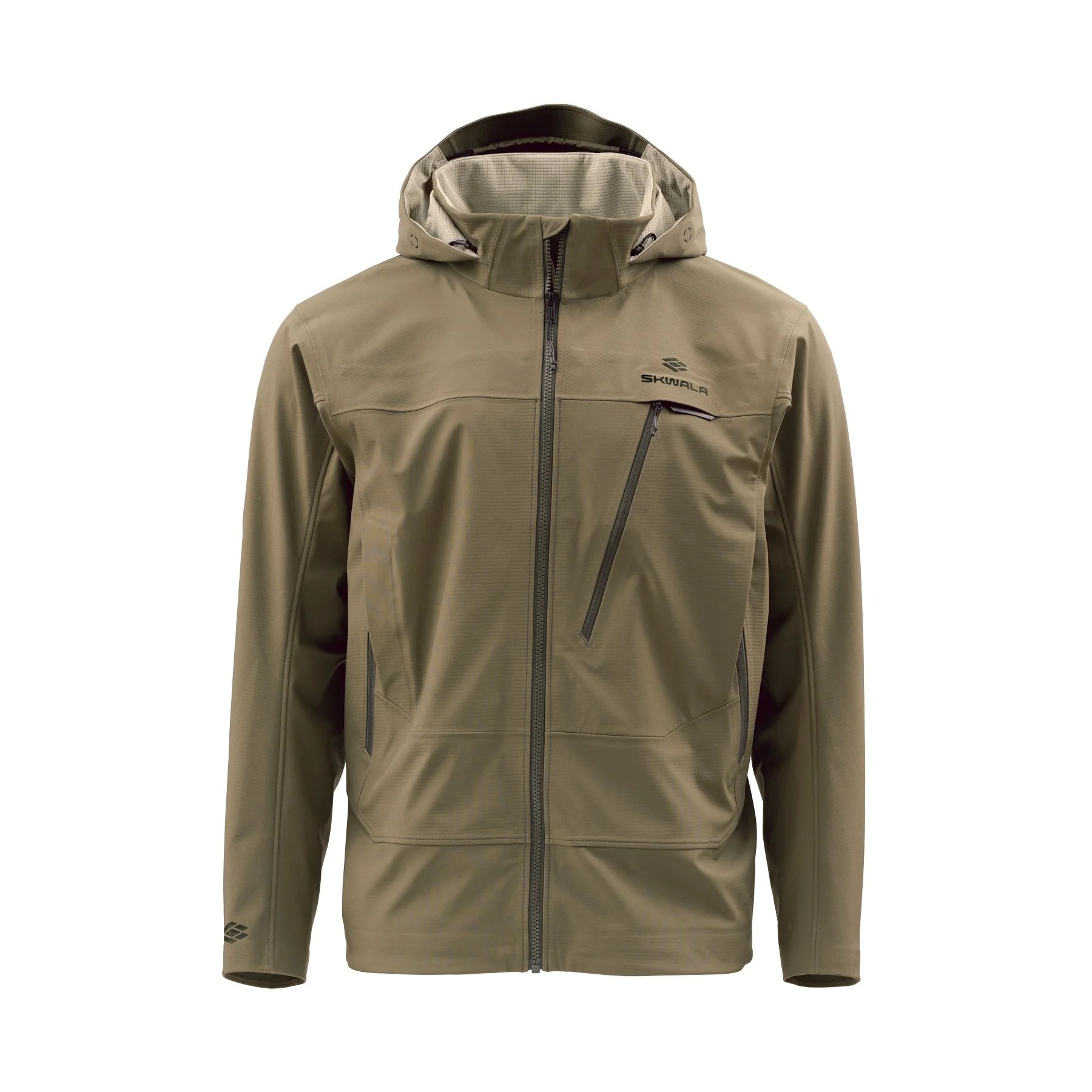 Skwala Backeddy Softshell Jacket front view in oak, DWR fleece-lined fishing jacket with hood