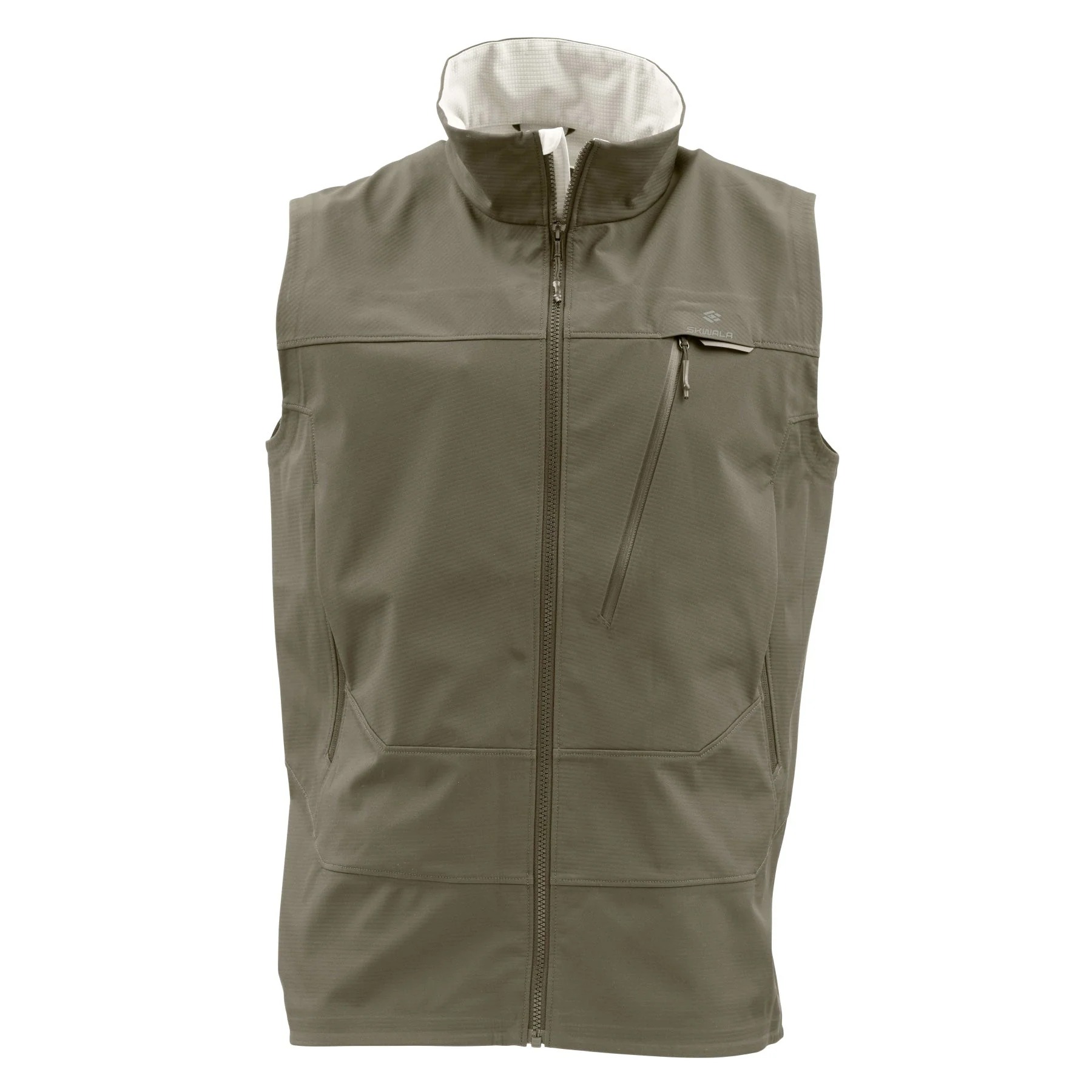 Skwala Backeddy Windproof Vest front view in earth color with zip chest pocket and fleece-lined hand pockets