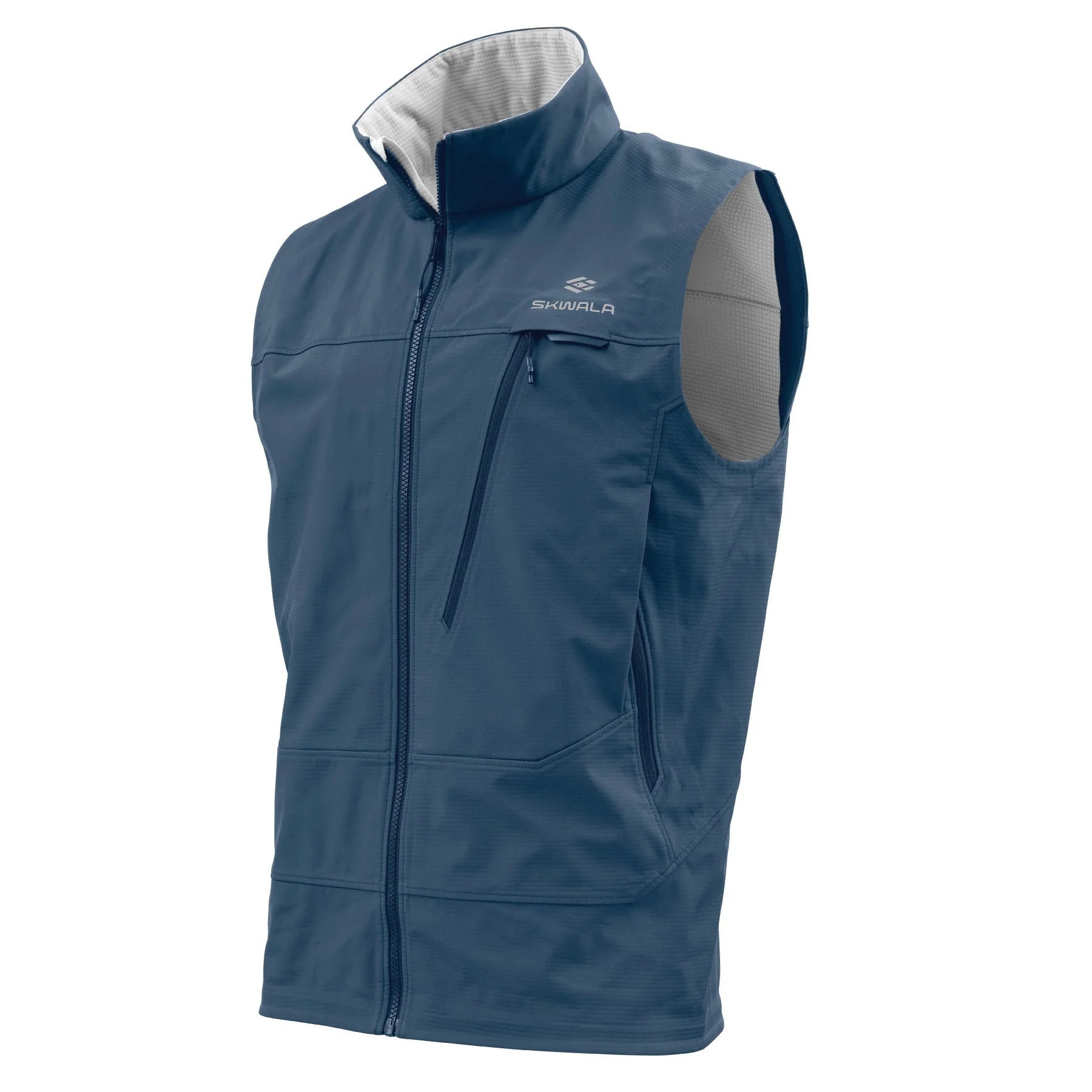 Skwala Backeddy Windproof Vest angled view in blue with stretch softshell fabric for fishing and camping