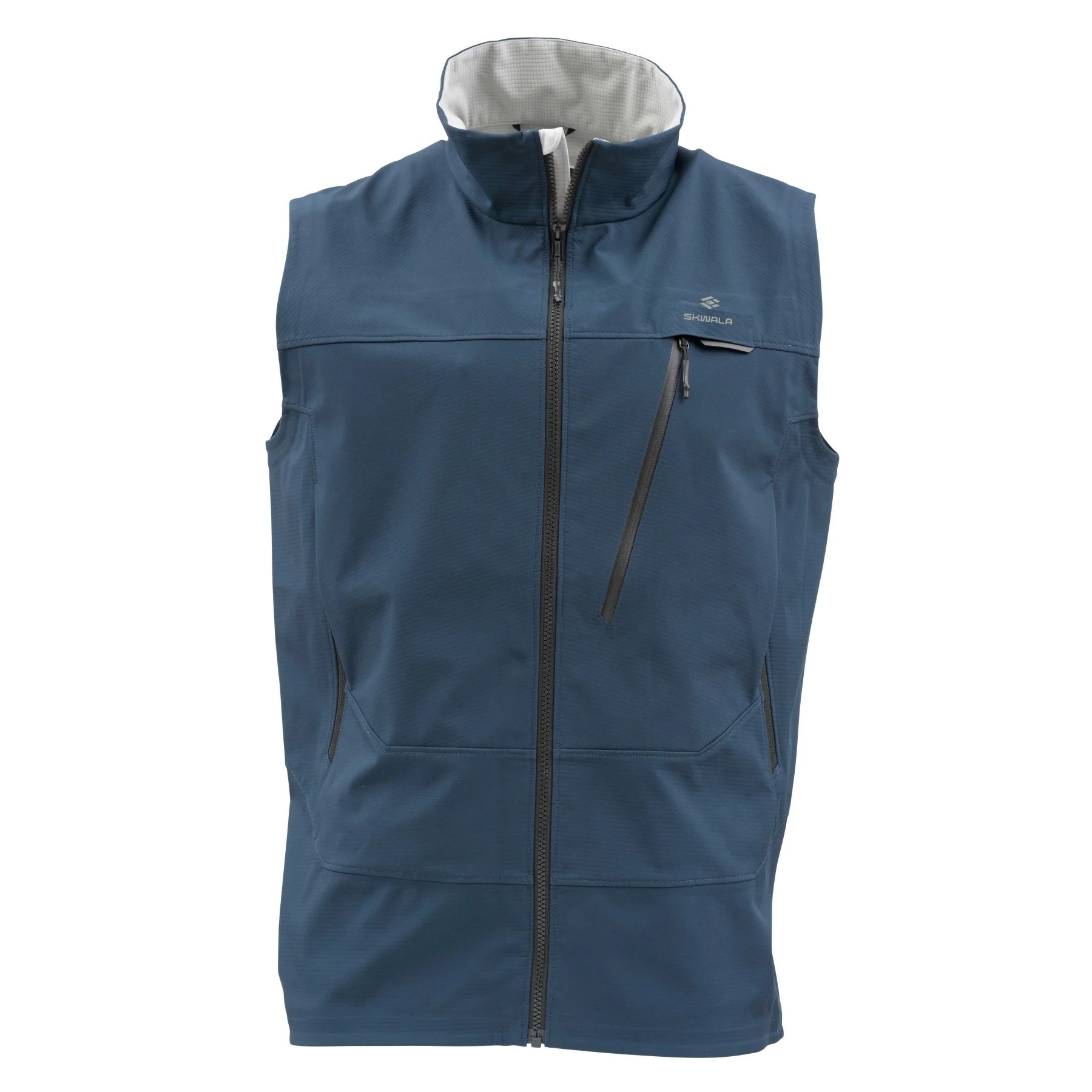 Skwala Backeddy Windproof Vest front view in blue with zip chest pocket and fleece-lined handwarmer pockets