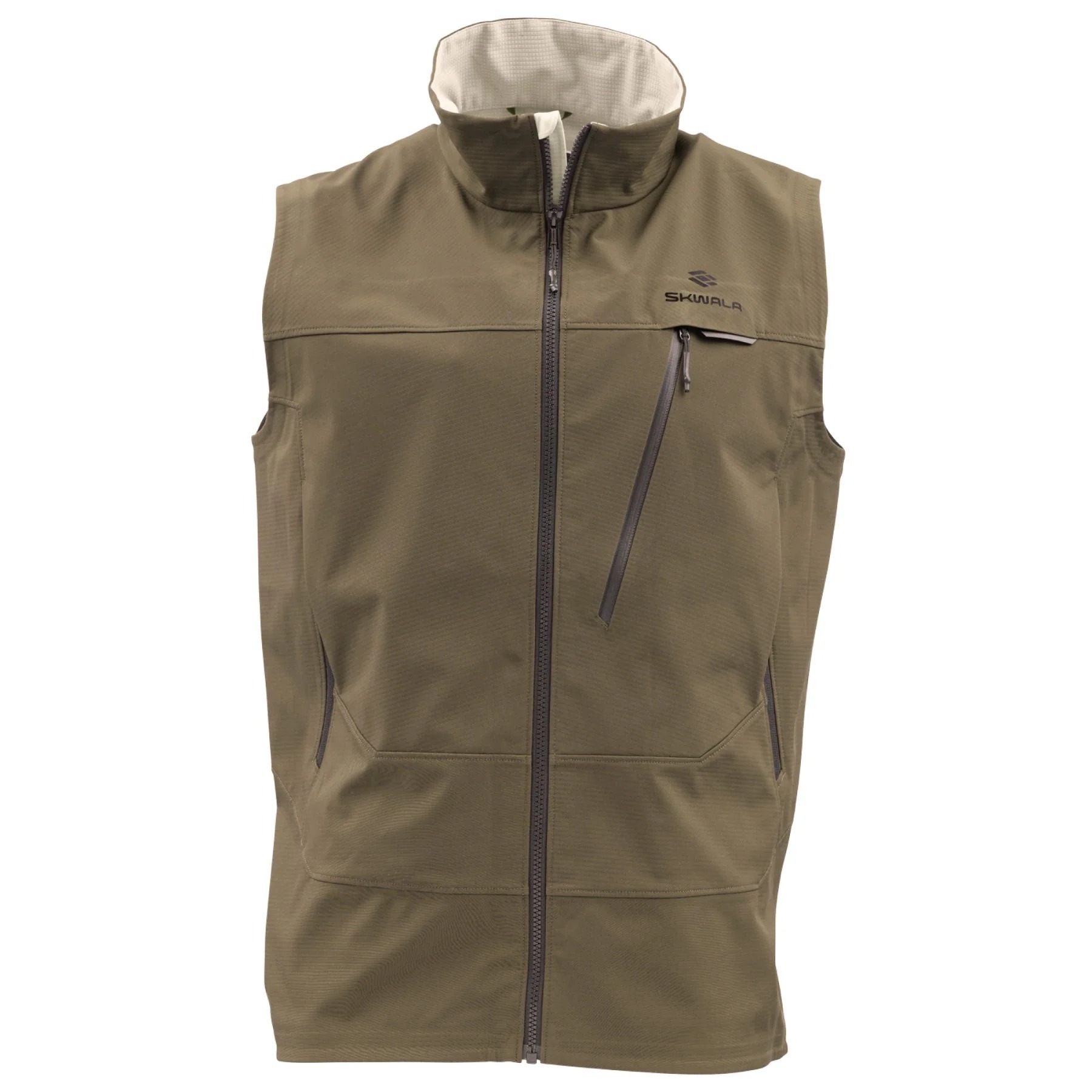 Skwala Backeddy windproof fishing vest in oak with zip chest pocket and handwarmer pockets