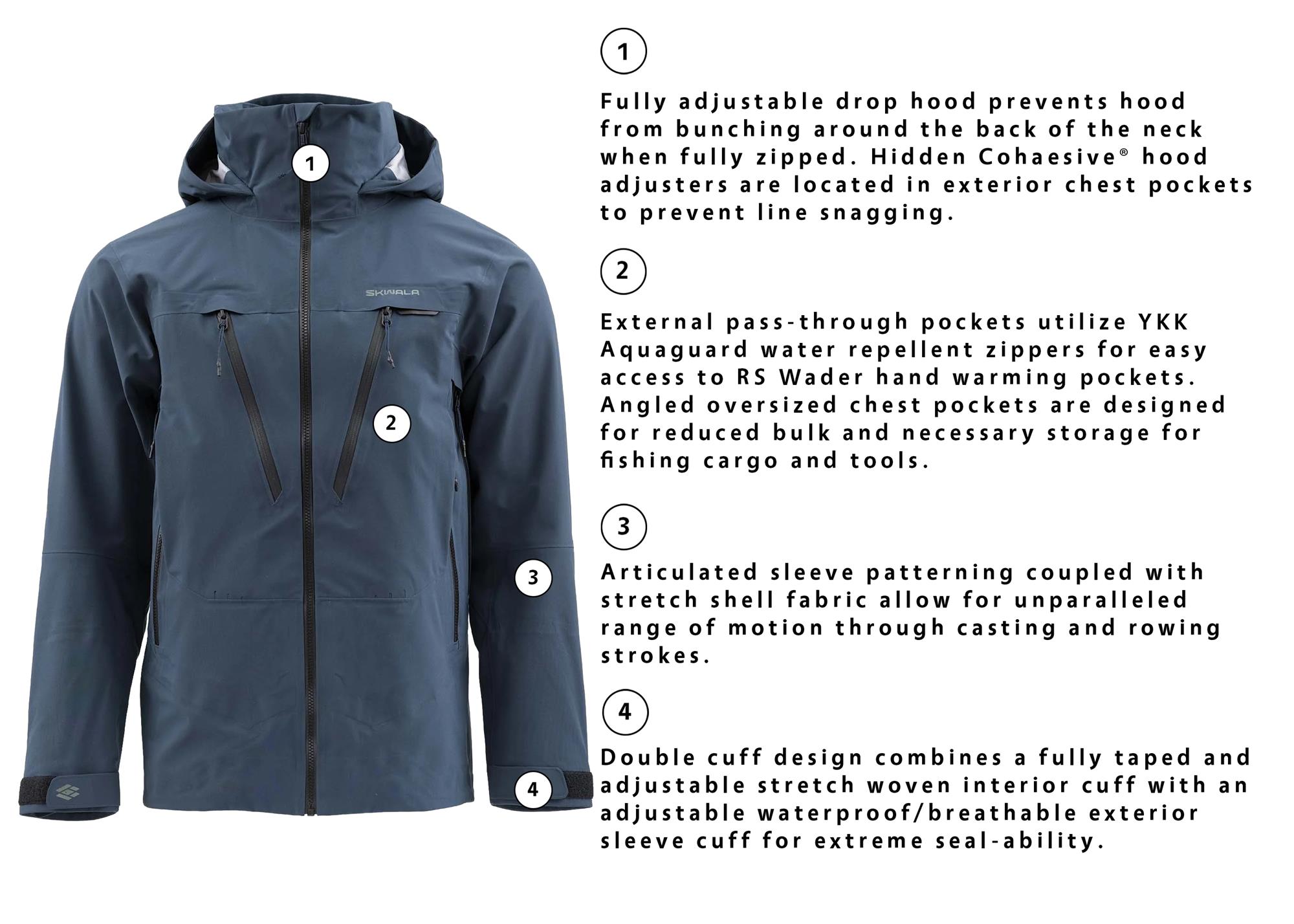 Technical Skwala RS waterproof fly fishing jacket with adjustable hood, stretch shell, and sealed cuff system