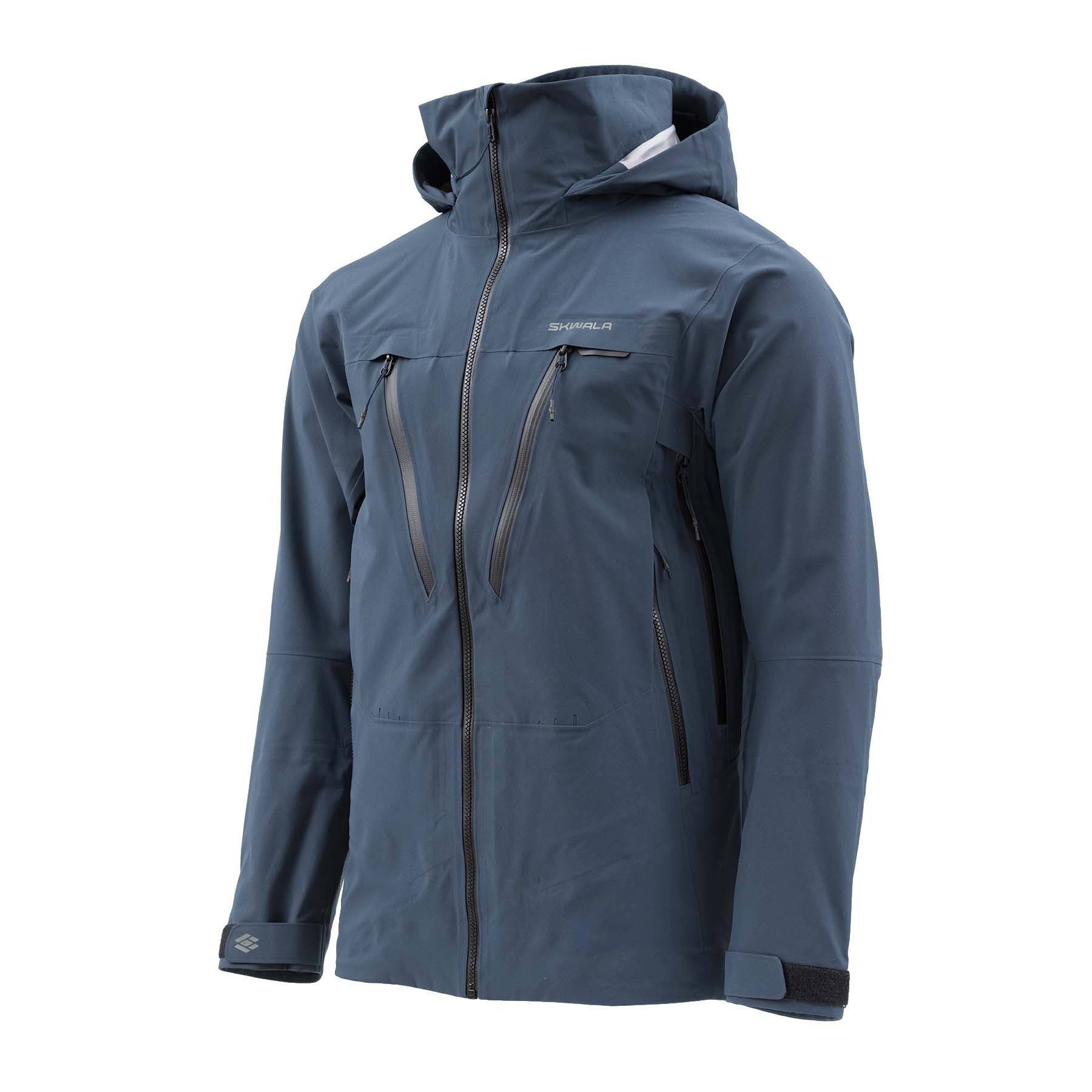 Skwala RS waterproof fly fishing rain jacket angle view with storm hood and oversized zippered chest pockets