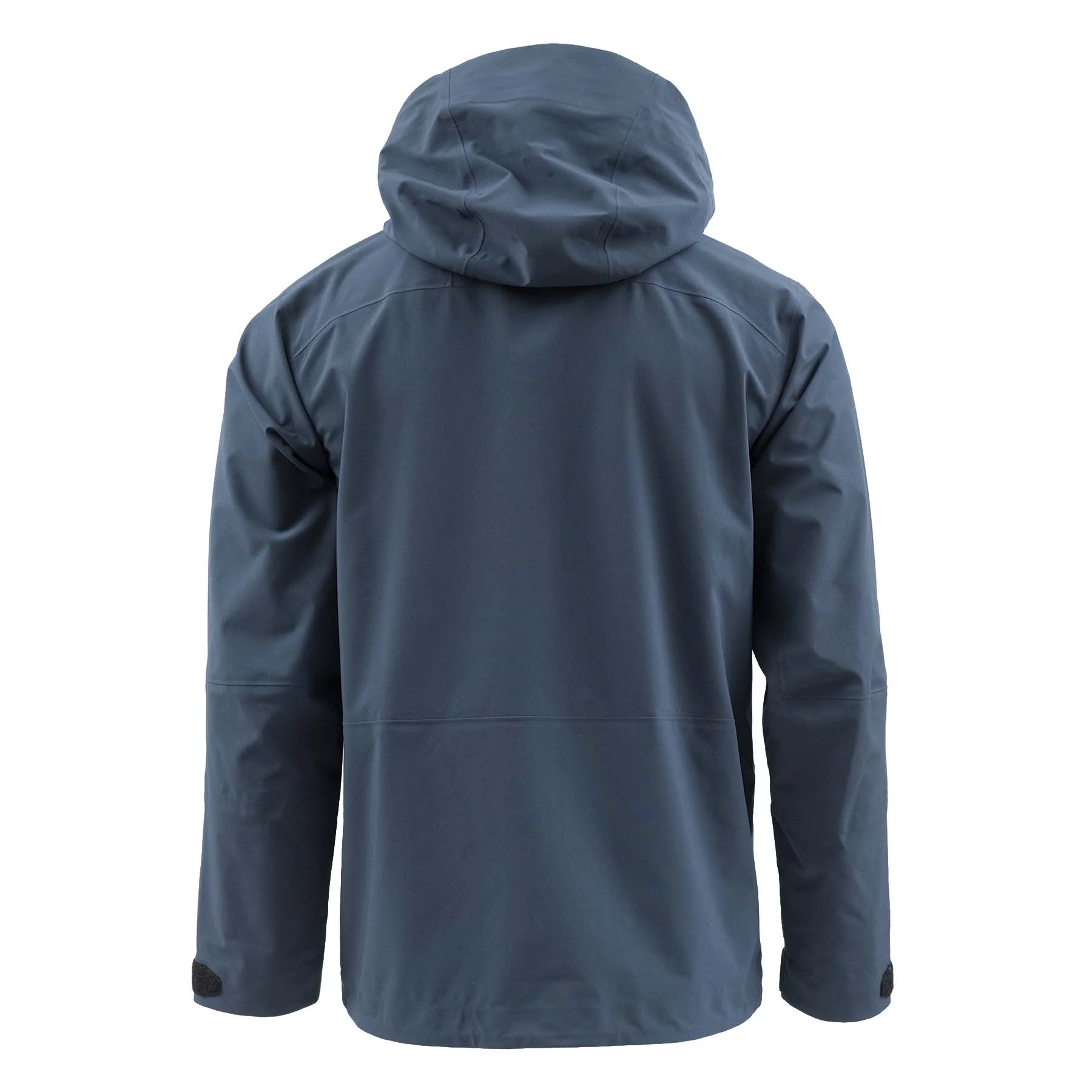 Men’s waterproof Skwala fishing rain jacket rear view with stretch shell and full storm hood coverage