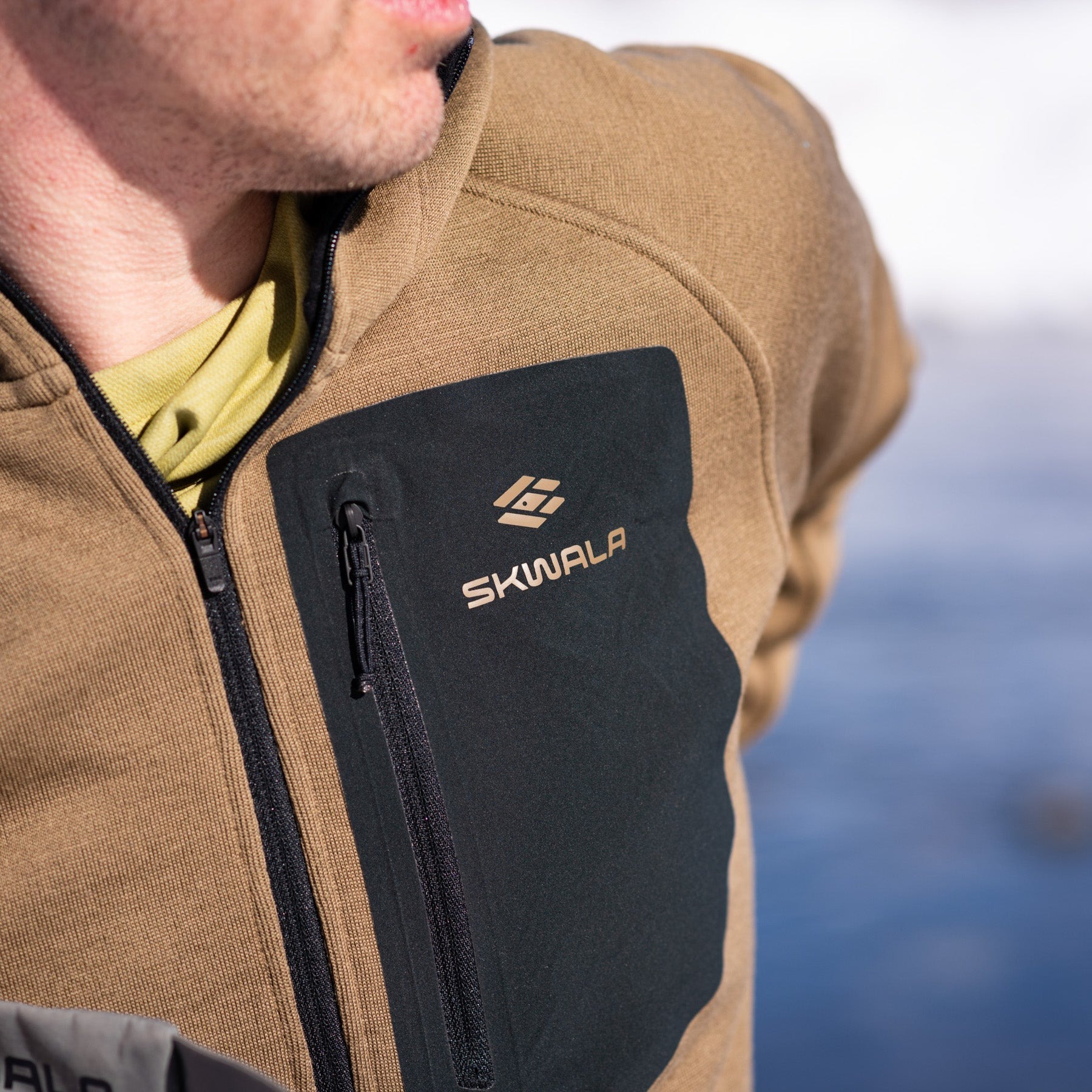 Skwala Thermo 350 Hoody Merino wool fly fishing base layer chest pocket detail with storage