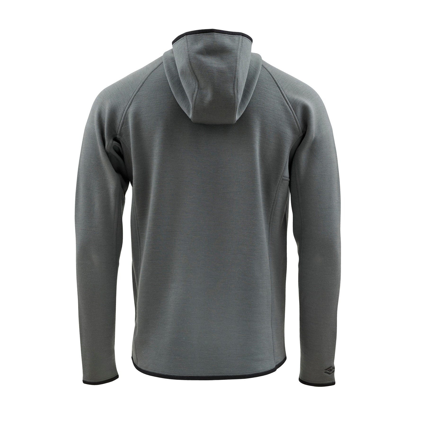 Back view of Skwala Thermo 350 Hoody dark shadow color heavyweight Merino wool fishing hoody
