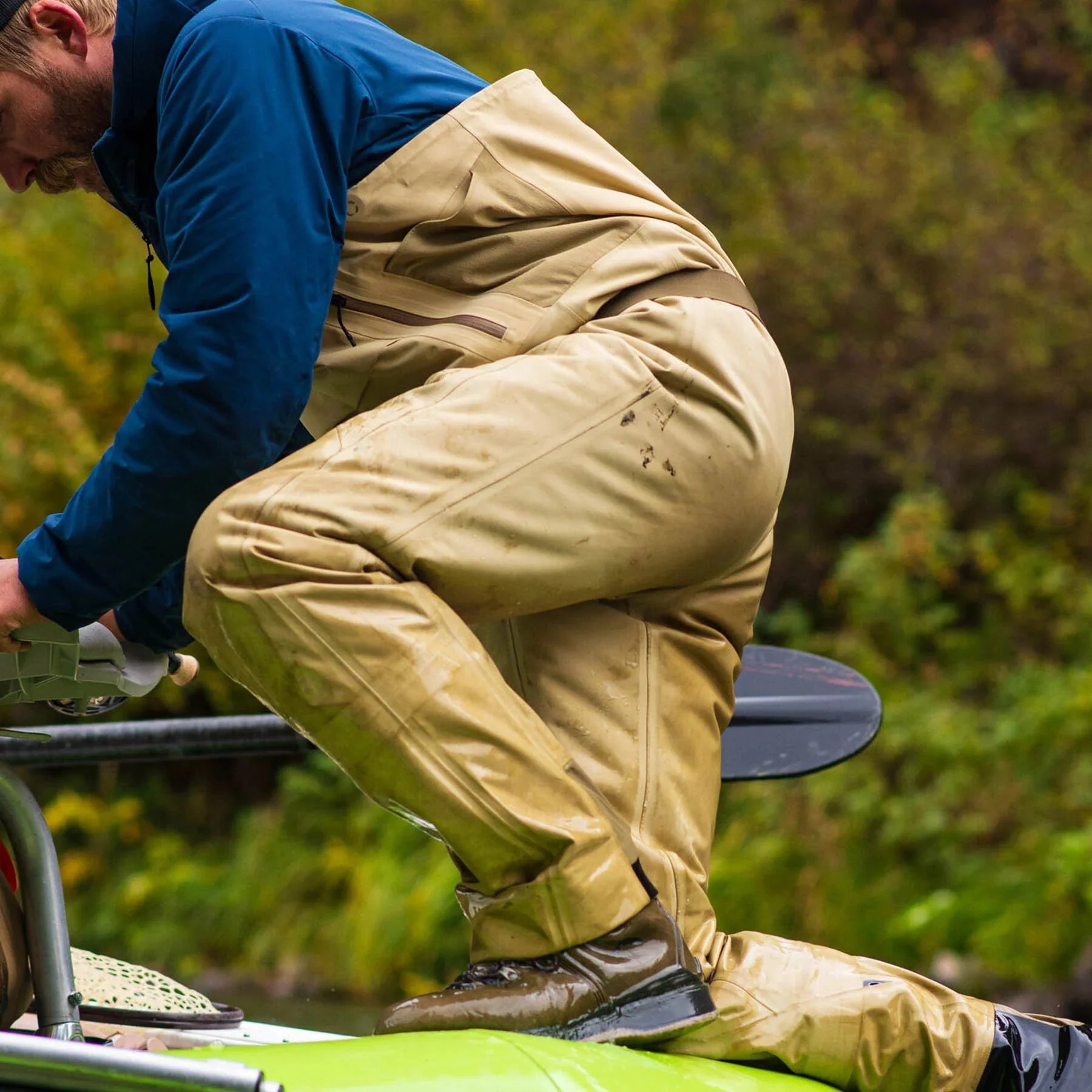 Durable Skwala Backeddy fly fishing waders designed for kneeling, rowing, and hard days on the water