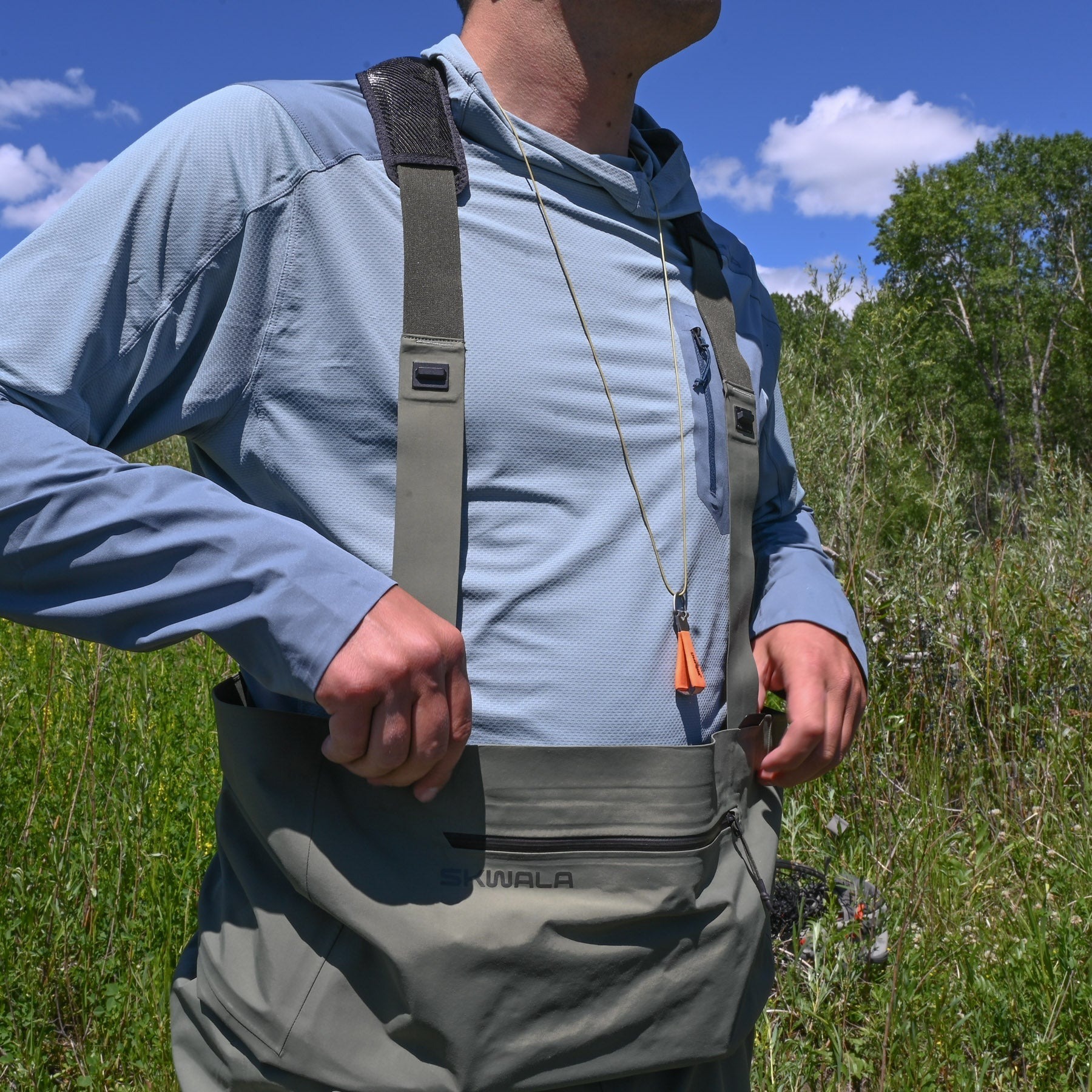Skwala Carbon fly fishing waders with buckle-less shoulder harness and lightweight breathable design