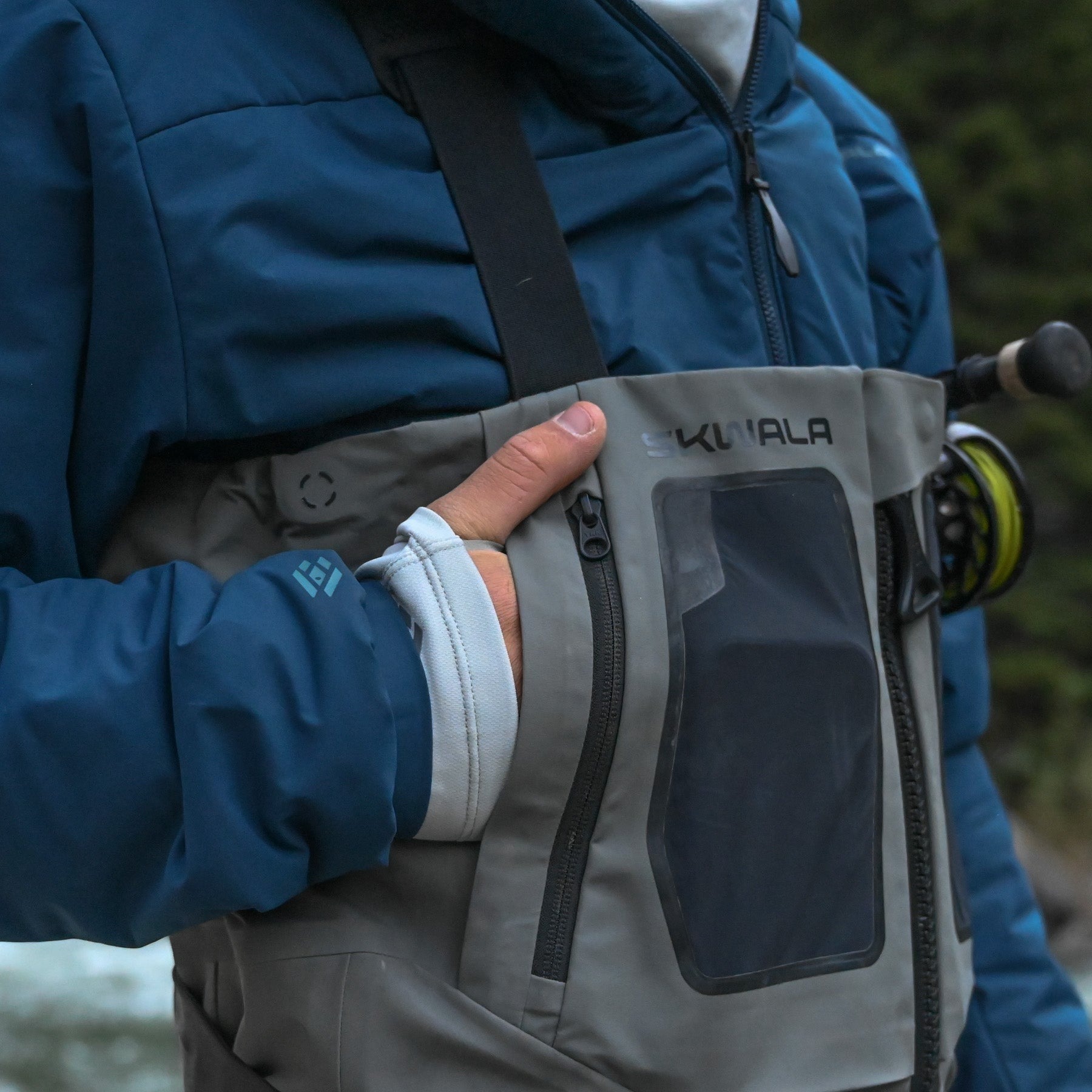 Skwala RS Zip Front fly fishing waders chest pocket detail with waterproof zipper and storage pocket