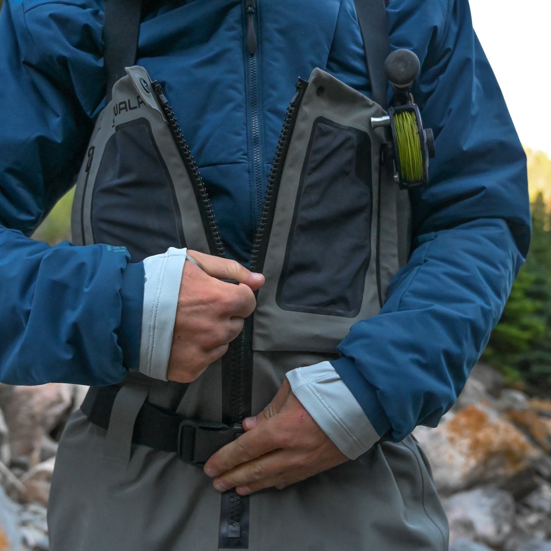 Waterproof YKK Aquaseal center zipper on Skwala RS Zip Front premium fly fishing waders