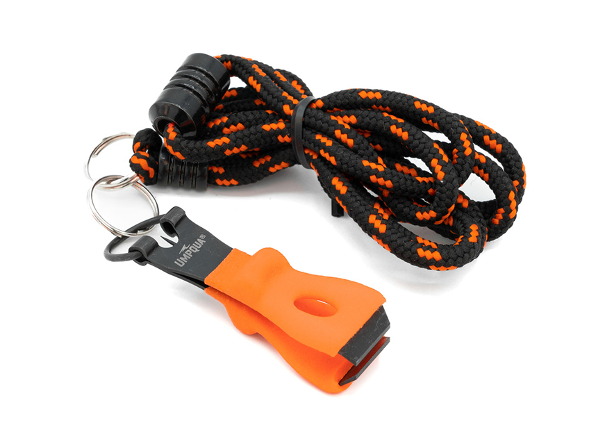 Pair of orange Umpqua River Grip PS Nippers with red and black Umpqua Lanyard combo